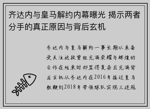 齐达内与皇马解约内幕曝光 揭示两者分手的真正原因与背后玄机