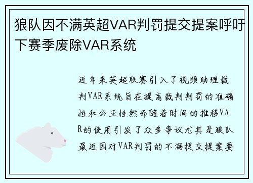 狼队因不满英超VAR判罚提交提案呼吁下赛季废除VAR系统