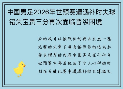 中国男足2026年世预赛遭遇补时失球 错失宝贵三分再次面临晋级困境
